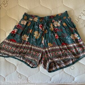 Angie High Waist Floral Shorts - Green and Red